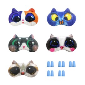 5 Cat Eye Masks 5 Pairs Blue Sponge Ear Plugs Sleep Eye Masks Cute Cartoon Design Unisex Funny Eye Masks with Adjustable Straps