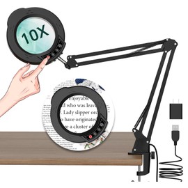 10X Magnifying Glass with Light and Clamp, 5 Color Modes Stepless Dimmable LED Desk Lamp, LED Lighted Magnifier for Close Work Reading Repair Crafts