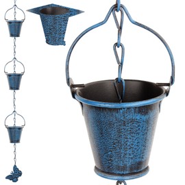 Rain Chain for Outsidewith 1 Adapter,Wrought Iron Rain Chains 9 FT Set,Rain Chains for Gutter with Rain Chain 16 Cup and Decorative Butterfly(Retro Blue)