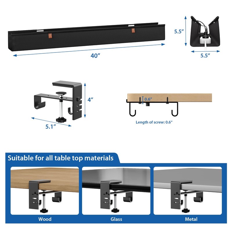 Zilink No Dril Under Desk Cable Management Tray 40" Cord