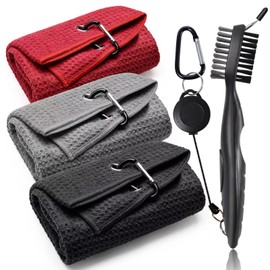 PRIDEEP Golf Towel (16"X16") and Golf Club Brush,Soft & Absorbent Microfiber Waffle Pattern Golf Towels with Carabiner Clip,for Golf Bags, Golf Club Cleaning Kit Black/Grey/Red, Men & Women Golf Gift