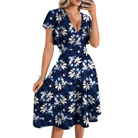 LYANER Women's Deep V Neck Ruffle Short Sleeve Wrap Swing A Line Flared Cocktail Party Midi Dress Floral Navy Blue X-Small