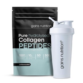 GN Hydrolysed Bovine Collagen Peptides Powder, Unflavoured, Type I and III, 10g per Serving, 50 Servings, 500g, with 600ml Shaker