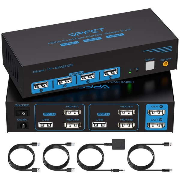 CMSTEDCD HDMI KVM Switch 2 Monitors 2 Computers 4K@60Hz USB 2.0 Monitor Switch for 2 Computers Share two Monitors and 4 USB Device Support Extended/Copy Mode Wired Controller and 2 USB Cables Included