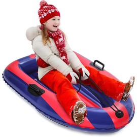QPAU Inflatable Snow Sled, Heavy Duty Snow Tube with Reinforced Handles, Snow Sleds for Kids and Adults Winter Toys Gifts, Toboggan for Family Outdoor Sledding - Color: Blue