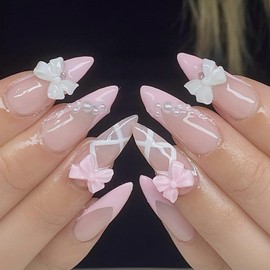 24Pcs Pink French Tip Press on Nails Medium Almond Fake Nails with Charms White Pink Bow False Nails Reusable Pearl Acrylic Nails Full Cover Nude Glossy Glue on Nails for Women Girls Nail Supplies