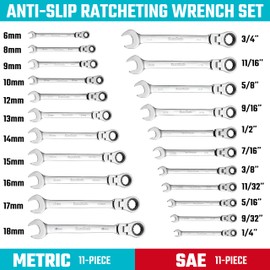 DURATECH Flex Head Ratcheting Wrench Set, Combination Wrench Set, 22-piece, Metric & SAE, 1/4" to 3/4" & 6-18mm, CR-V Steel, Mirror Polished, with Pouch