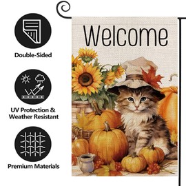 Texupday Welcome Fall Cute Cat Sunflower Pumpkin Harvest Decor Double Sided Vertical Burlap Garden Flag Autumn Thanksgiving Rustic Seasonal Farmhouse Party Outdoor Yard Banner 12" x 18"