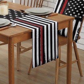 Ldtrchee Thin Red Line Black Table Runner - Cotton Linen 108 Inches Long, American Firefighter USA Flag Dress Scarves, Rustic Table Runner for Dining/Coffee/Holiday Table, Fireman Gift Home Décor