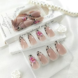 French Tip Press on Nails Almond Medium Fake Nails with 3D Flower Leopard Designs Fall Nails Press ons Glossy Glue on Nails Nude Acrylic Nails Pink False Nails Winter Stick on Nails for Women 24Pcs