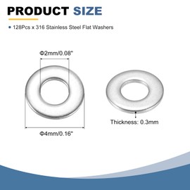 uxcell 128Pcs M2 316 Stainless Steel Flat Washers Plain Washer 2mm ID 4mm OD 0.3mm Thick Flat Spacers for Screws Bolts Garden Faucet Plumbing Repair, Silver