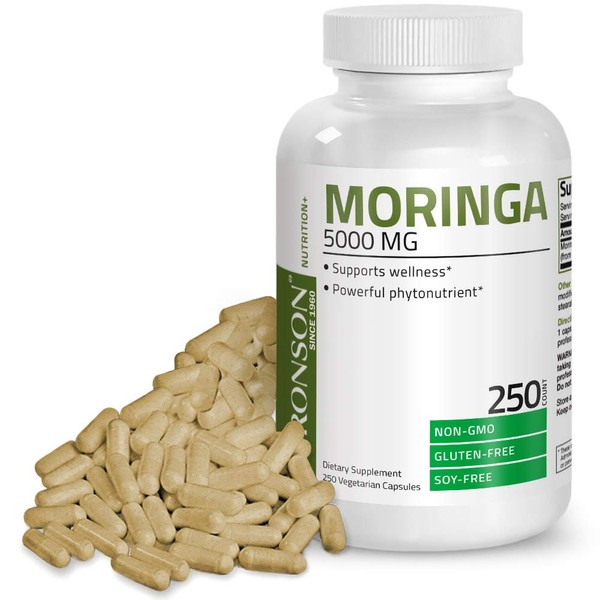 Bronson Moringa Oleifera 5000 mg Powder Capsules Extra High Potency 50:1 Extract Energizing Superfood Antioxidant, 250 Vegetarian Capsules