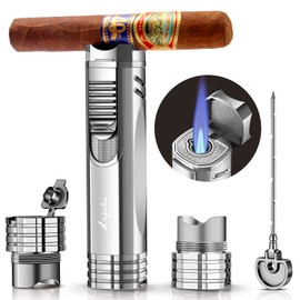 Cigar Lighter, Cigar Punch, Cigar Draw Enhancer, Cigar Holder,All-in-one Refillable Butane Torch Lighter. Cigar Accessories(Gas Not Included)