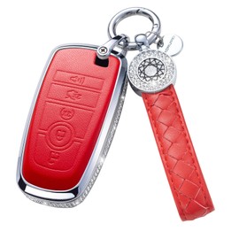 SHANGHONG for Ford Key Fob Cover with Keychain, Leather Crystal Key Case Protector Compatible with Ford Fusion F150 F250 F350 F450 F550 Edge Explorer Smart Remote Key, Red