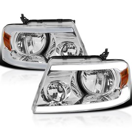 Spec-D Tuning Chrome Headlights w/LED Bar Strip Compatible with 2004-2008 Ford F-150, 2006-2008 Lincoln Mark LT L+R Pair Head Light Lamp Assembly