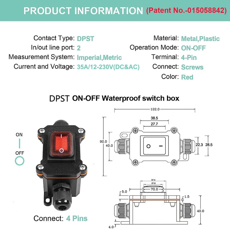 Gebildet Inline Switch 12V-230V/35A DPST Double Sided Wiring Switch 35A