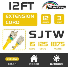 12 Ft Yellow Outdoor Extension Cord with Lighted End Weatherproof 12 Gauge