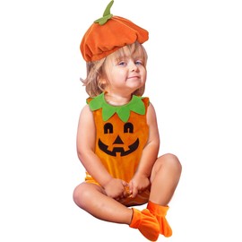 AOKUN Kit 3 Piezas Disfraz Halloween para Niño,Disfraces de Terciopelo Calabaza de Halloween para Niños y Niñas,traje de Halloween Niño Incluye Camiseta Sin Mangas, Gorro, Zapatos