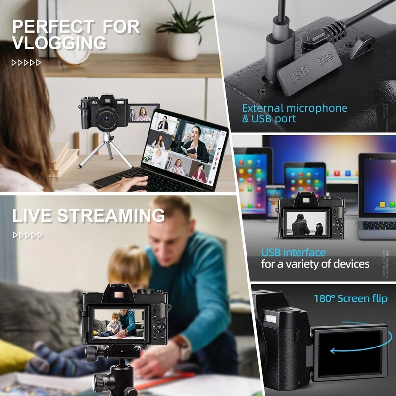 NBD Digital Camera 4K 48MP Flip Screen Camcorder W/ 32GB