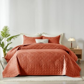 Senville King Size Quilt Bedding Set,Burnt Orange King/Cal King Quilt Set,3Piece Lightweight Soft Bedspread Coverlet with Pillowsham,Floral Patchwork Pattern Bed Cover,All Season(Burnt Orange,96X110)