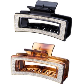 Rhinestone Hair Claw Clips for Women, Vintage Acrylic Large Crystal Jaw Clamps Luxury Elegant Rectangle Plastic Claw Clip with Strong Hold for Thin Thick Hair Fashion Wedding Party Accessories（2 Pack)