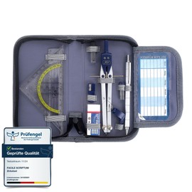 Facile Scriptum High Quality Compass Set (Blue) - 13 Piece Geometry Set - Compass with Quick Adjustment, Metal Fine Lead Pencil, Set Square, Eraser and Much More - Math Set with Case