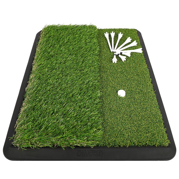 CHAMPKEY Dual-Turf Golf Hitting Mat | Come with 9 Golf Tees & 1 Rubber Tee | Heavy Duty Rubber Backing Golf Practice Mat Ideal for Indoor & Outdoor Training