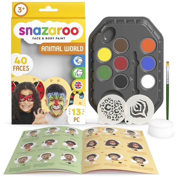 Snazaroo Animal World Face Painting Palette Kit for Kids & Adults, 8 Colours, 13pcs, Stencils, Brush, Sponge, Guide, Water Based, Easily Washable, Non-Toxic, Makeup, Body Painting & Parties