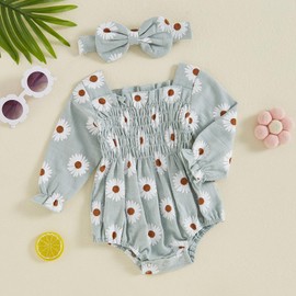 Ursobutegl Newborn Baby Girls Daisy Romper Long Sleeve Pleated Smocked Bubble Ruched Jumpsuit Bodysuit Fall Winter Clothes (Green, 6-9 Months)