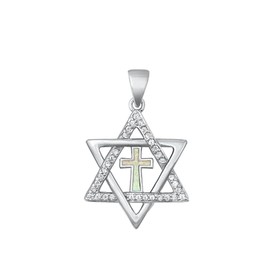 Sterling Silver Cute Messianic Cross White Simulated Opal Clear CZ Pendant Charm