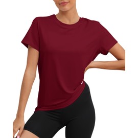 KevaMolly Wine Workout Tops for Women UPF50+ Breathable Loose Fit Yoga T Shirts Short Sleeve Running Gym Athletic Tee Top L