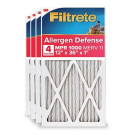 Filtrete 12x36x1 AC Furnace Air Filter, MERV 11, MPR 1000, Micro Allergen Defense, 3-Month Pleated 1-Inch Electrostatic Air Cleaning Filter, 4 Pack (Actual Size 11.69 x 35.69 x 0.81 in)