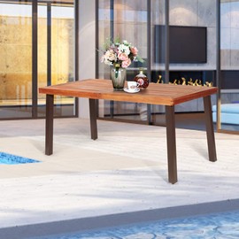 Tangkula Acacia Wood Outdoor Dining Table with Umbrella Hole, Modern Patio Table with Rustic Finished Steel Legs, Indoor & Outdoor Rectangular Table for Garden Park Poolside Porch