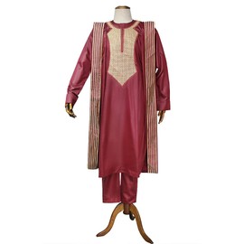 HD African Men Clothing Set Red Dashiki Embroidery Agbada Outfit Short Sleeves Top and Long Pants 3XL