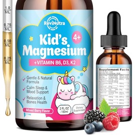 Kids Magnesium Glycinate Liquid Drops with Omega-3, Ashwagandha, Vitamin B6, D3, K2, Calcium & Chamomile - Magnesium Drops for Kids Sleep, Calm, Focus