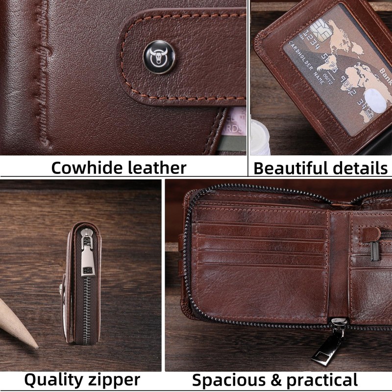 BULLCAPTAIN Genuine Leather Men's Wallet with Zipper Vintage RFID Blocking