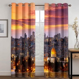 ANAZOZ Living Room Curtains Eyelet,2 x 34W x 45H IN,Blackout Curtain Window Drapes Thermal Curtains 2 Piece City Night View Orange Yellow Brown Kitchen Curtain