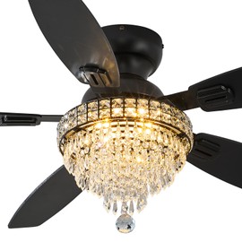 Crystal Ceiling Fan Fandelier with Lights-Ceiling Fans,50" Low Profile and Remote Control, Flush Mount, Reversible, Dimmable, Noiseless, Black Ceiling Fan for Bedroom
