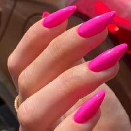 Hot Pink Press on Nails - 24Pcs Almond False Nails Solid Color - Long Press on Nails Glossy - Full Cover Fake nails Almond Stiletto Stick on nails for Women DIY Nail Art