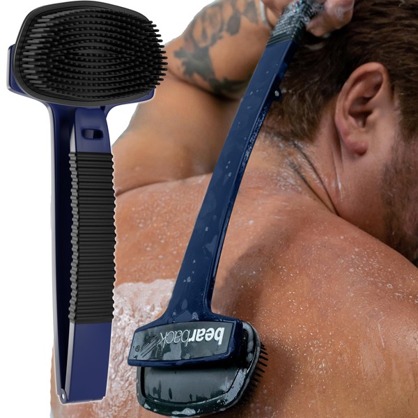 Bearback - Depurador de silicona para baño y ducha, mango ergonómico plegable largo - Exfoliador de cepillo para polvo de ducha para baño