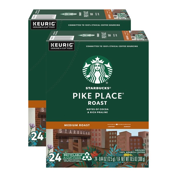 Starbucks Coffee K-Cup Pods, Pike Place Roast Medium Roast Coffee, 24 CT K-Cups/Box (Pack of 2 Boxes)