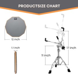GrowDaily Drum Practice Pad Snare Drums Stand Set 12 In With Double Sided Silent Drums Pad,Drums Dampeners Gel, Drum sticks,Carrying Bag Adjustable Stand(Fits 10''-14'' Drums)