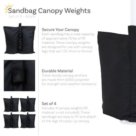 Sunnydaze Polyester Sandbag Canopy Weights - Fillable Canopy Anchors - Easy to Attach - Set of 4 - Black