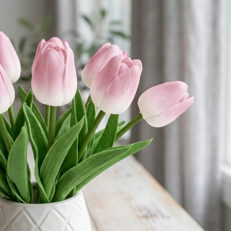 12 Pcs Artificial Light Pink Tulips | Real Touch Latex