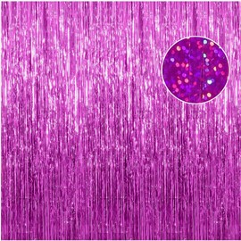 Foil Fringe Backdrop Curtains, 3.28 x 8.2 ft Laser Tinsel Streamers Backdrop, Shimmering Curtain, Birthday Party Supplies for Baby Shower & Graduation Decoration Party (Grape Purple)
