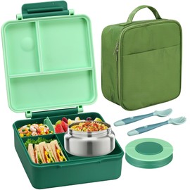 Bento Lunch Box for Kids with 8oz Soup Thermo&Lunch Bag, Leak-Proof Lunch Food Containers with 4 Compartment, Hot Food Insulated Food Jar for Kids School (Green)