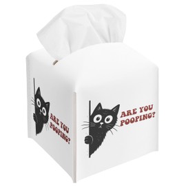 Black Cat Tissue Box Cover, are You Pooping Bathroom Decor, Square Decorative Tissue Box Holder with Bottom Belt, Cat Lover Gifts for Women Men, Leather Toilet Paper Cover for Tabletop-A03