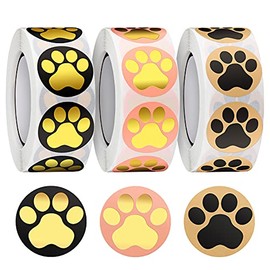 1500 Pieces Paw Prints Stickers 1 Inch Gold Foil Dog Sticker Self-Adhesive Pet Paw Labels Animal Paw Shape Wall Decal 3 Styles Puppy Paw Stickers Roll for Kids, Parties, Vets, Kennels, Mailing