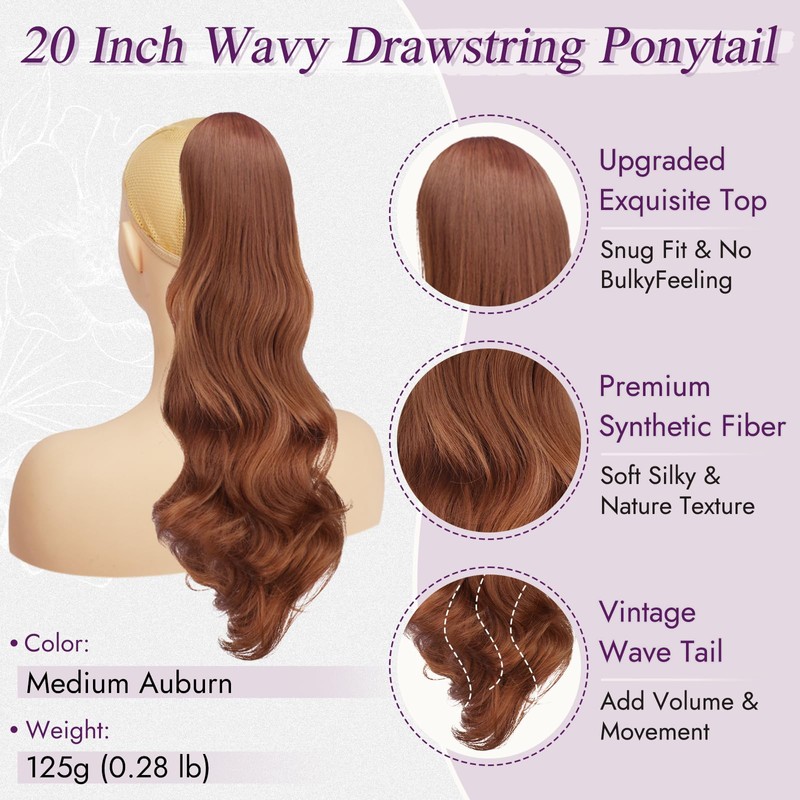 BARSDAR Medium Auburn Wavy Drawstring Ponytail Extensions, 20 Inch Drawstring