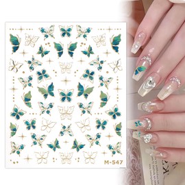 FNANJWQ 5D Embossed Butterfly Nail Stickers, 3Pcs Green Nail Stickers with Gold Edge Green Butterfly, Self-Adhesive Butterflies Cute Nails Design Sticker for Women DIY Manicure Art Decorations